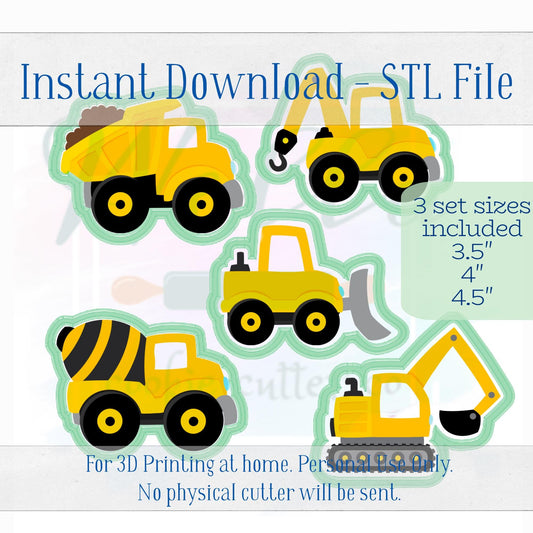 Digital STL File - Construction Truck Set Cookie Cutters - 5pc Set - 3 Set Sizes Included: 3.5" 4" and 4.5"
