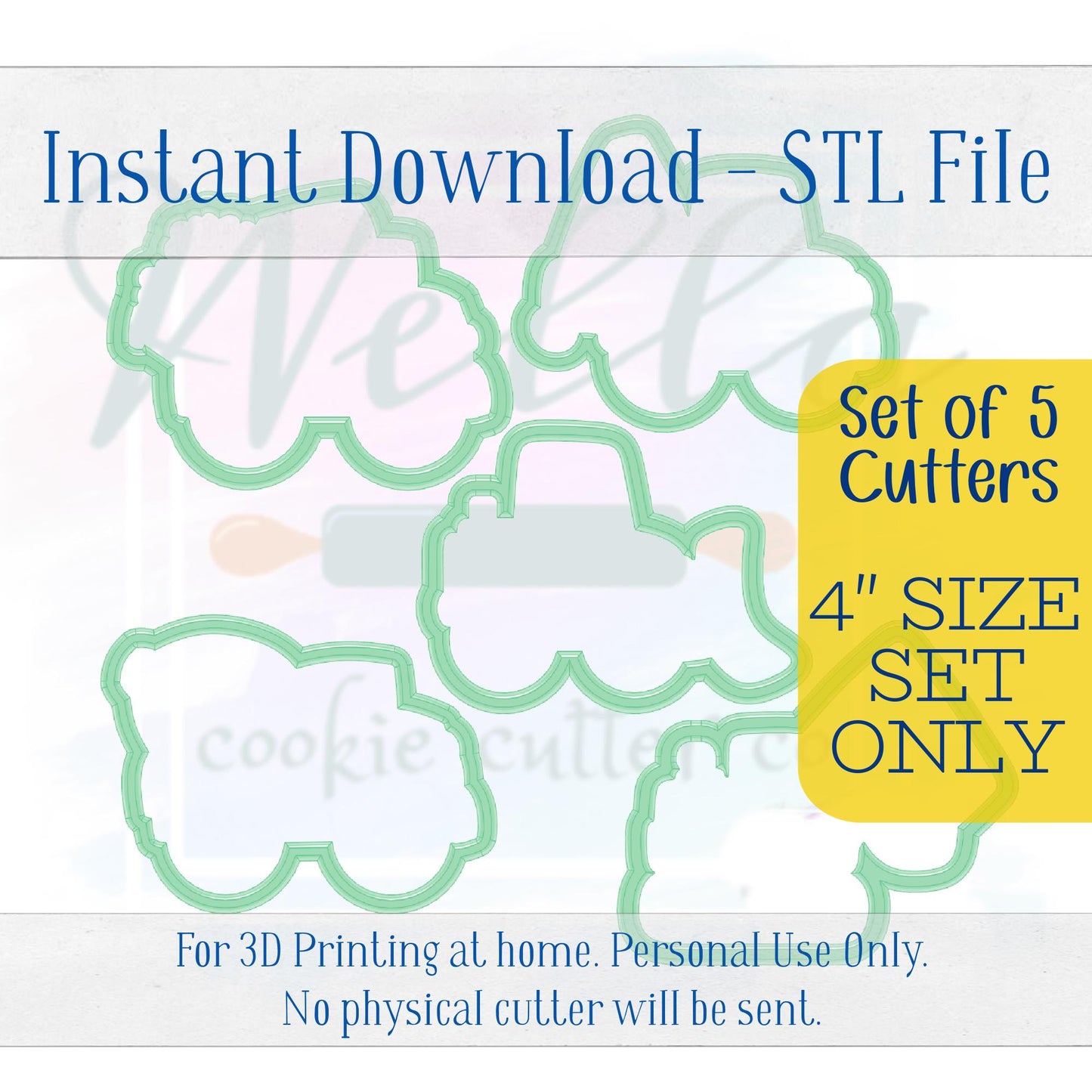 Digital STL File - Construction Truck Set Cookie Cutters - 5pc Set - 4" sizes only are included in this listing