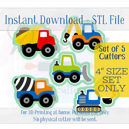 Digital STL File - Construction Truck Set Cookie Cutters - 5pc Set - 4" sizes only are included in this listing