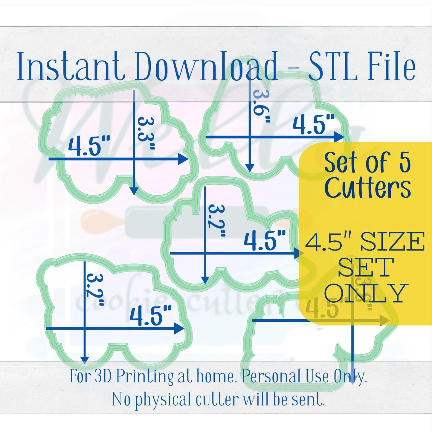 Digital STL File - Construction Truck Set Cookie Cutters - 5pc Set - 4.5" sizes only are included in this listing