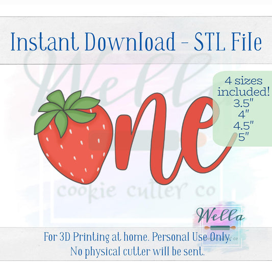 Digital STL File - Strawberry One #2 Cookie Cutter - 4 Sizes: 3.5" 4" 4.5" and 5"