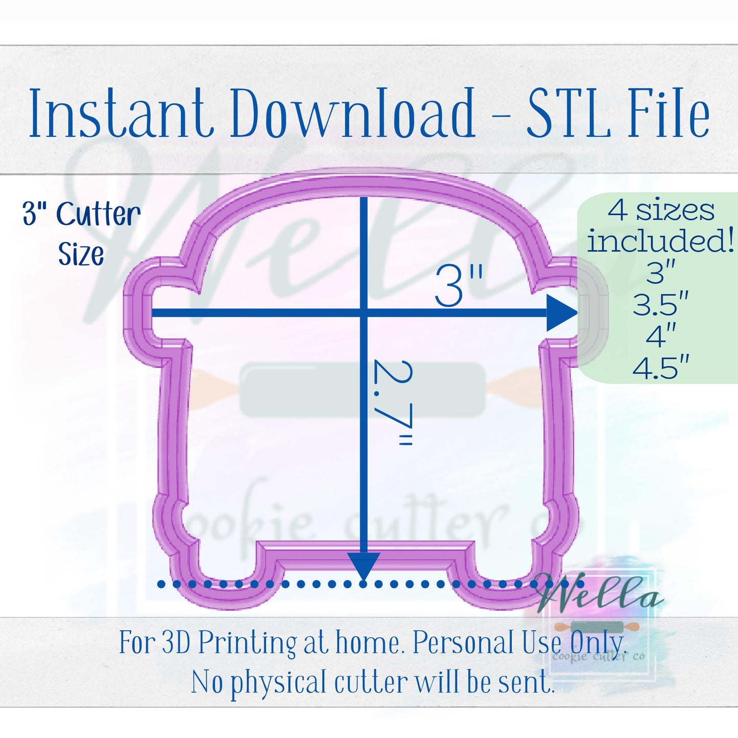 Digital STL File - 60's Van Cookie Cutter - 4 Sizes: 3" 3.5" 4" & 4.5"