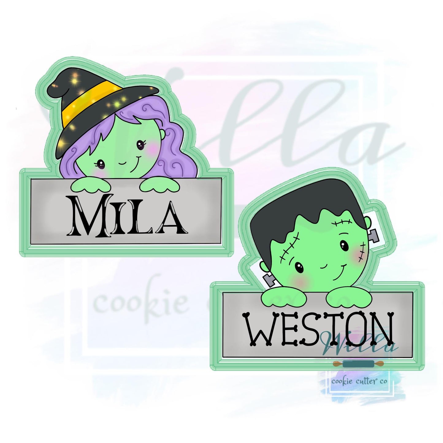 Witch & Frankenstein Name Plaque Cookie Cutters with Optional Stencils
