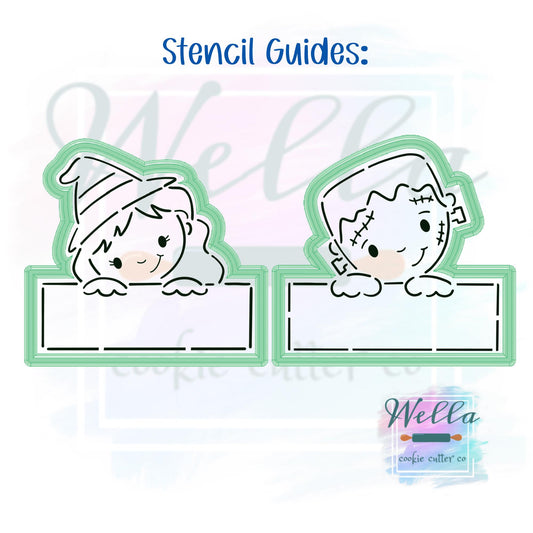 Witch & Frankenstein Name Plaque Cookie Cutters with Optional Stencils