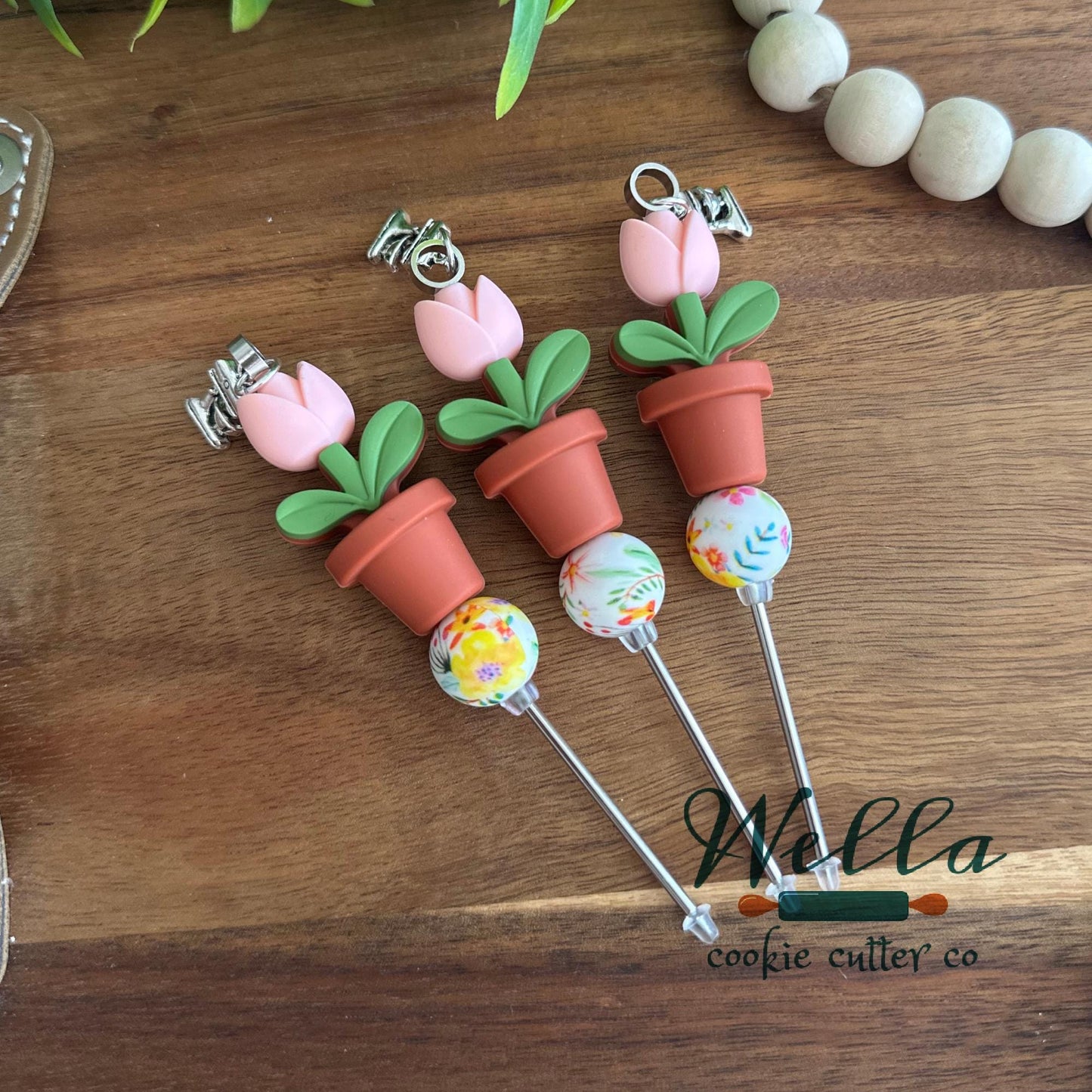 Pink Flower Pot Scribe Tool with Mixer Charm for Cookie Decorating