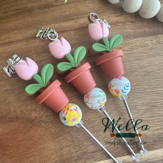 Pink Flower Pot Scribe Tool with Mixer Charm for Cookie Decorating