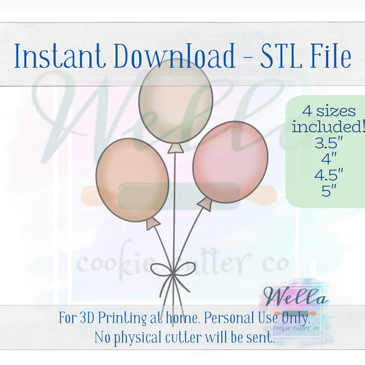 Digital STL File - Bunch of Balloons Cookie Cutter - 4 Sizes: 3.5" 4" 4.5" & 5"