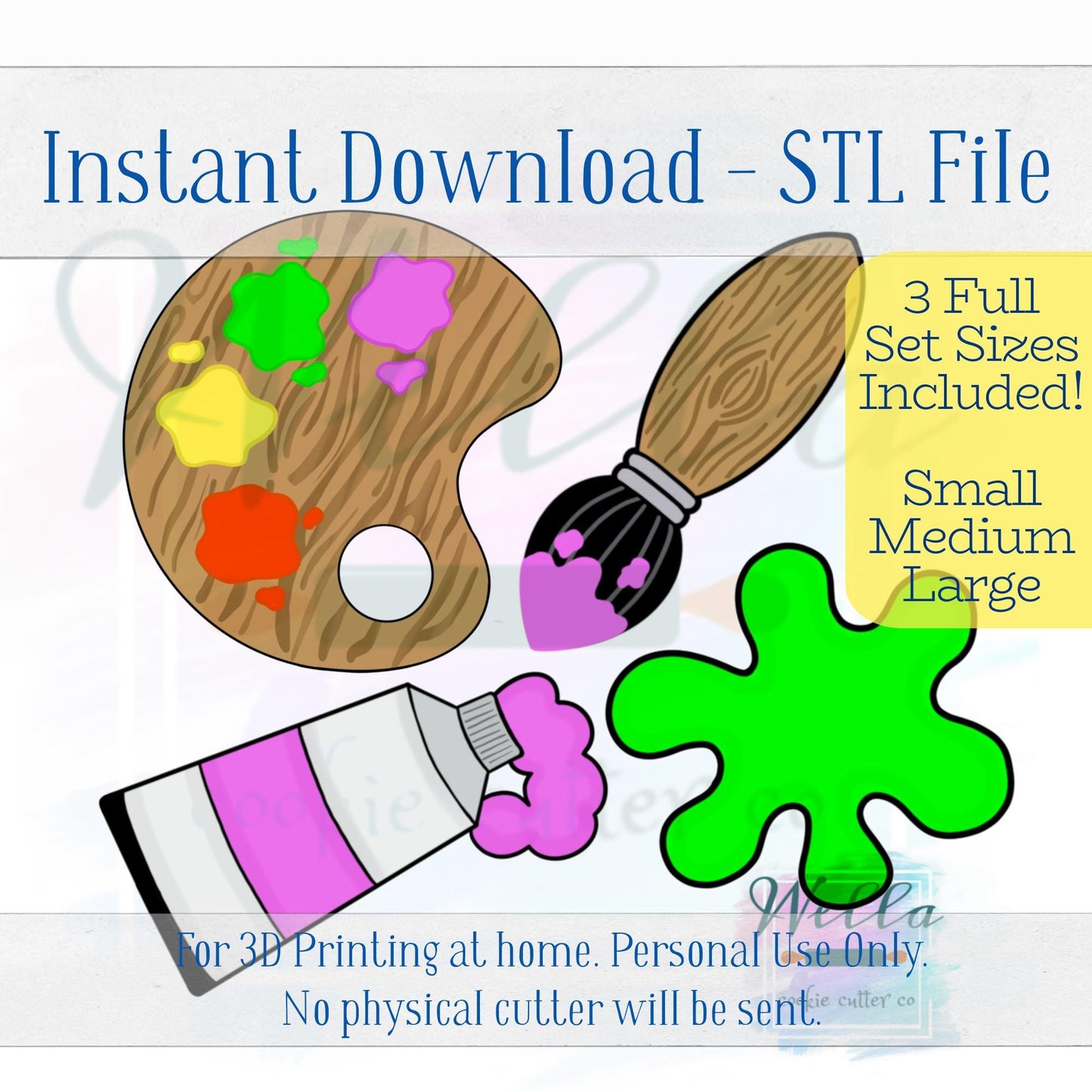Digital STL File - Paint Set Cookie Cutters - Set of 4 Cutters - 3 Full Set Sizes Included