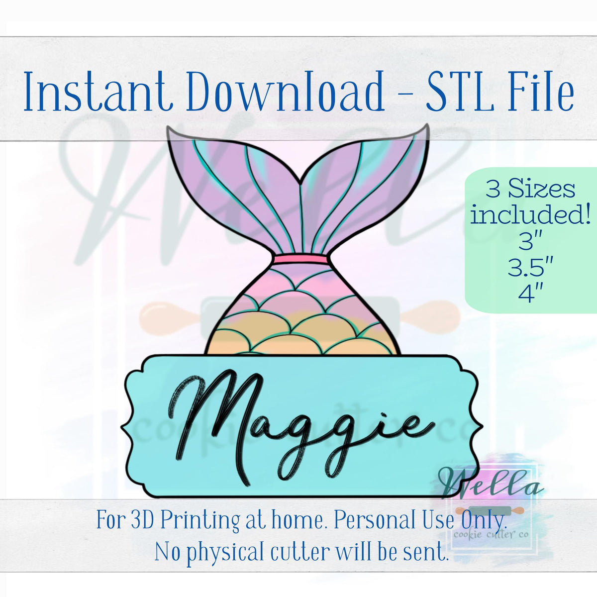 Digital STL File - Mermaid Tail Plaque Cookie Cutter - 3 Sizes Included
