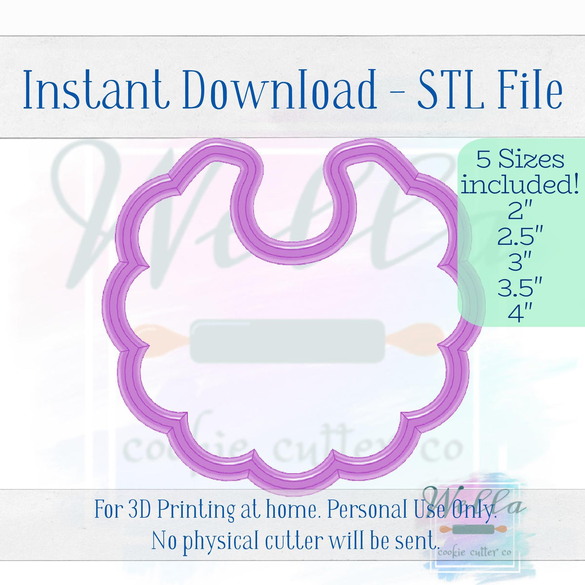 Digital STL File - Baby Bib with Scalloped Edges Cookie Cutter - 5 Sizes Included