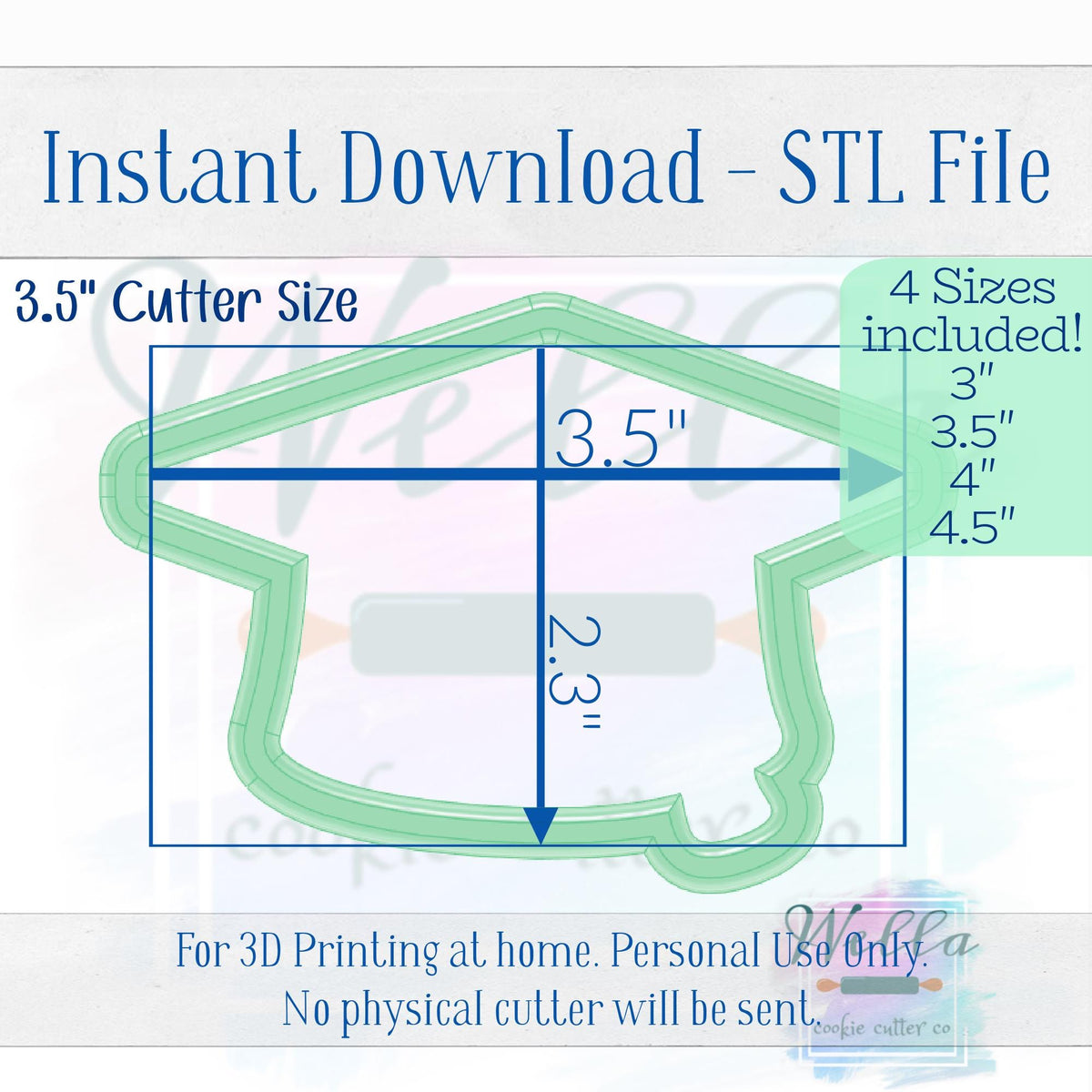 Digital STL File - Graduation Cap Cookie Cutter - 4 Sizes