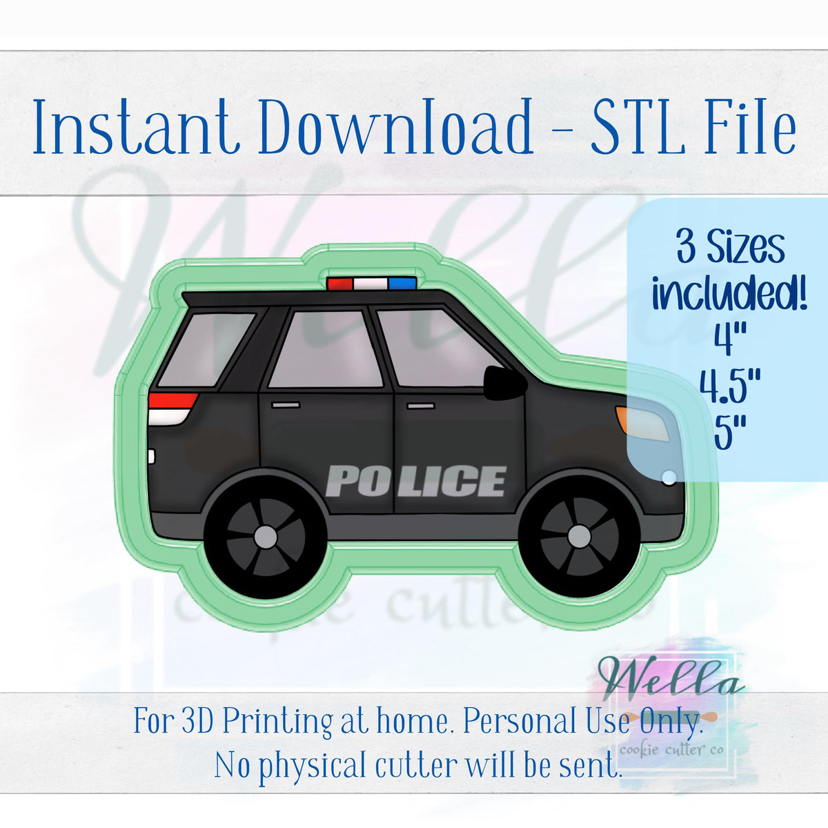 Digital STL File - Police SUV Cookie Cutter - 3 Sizes