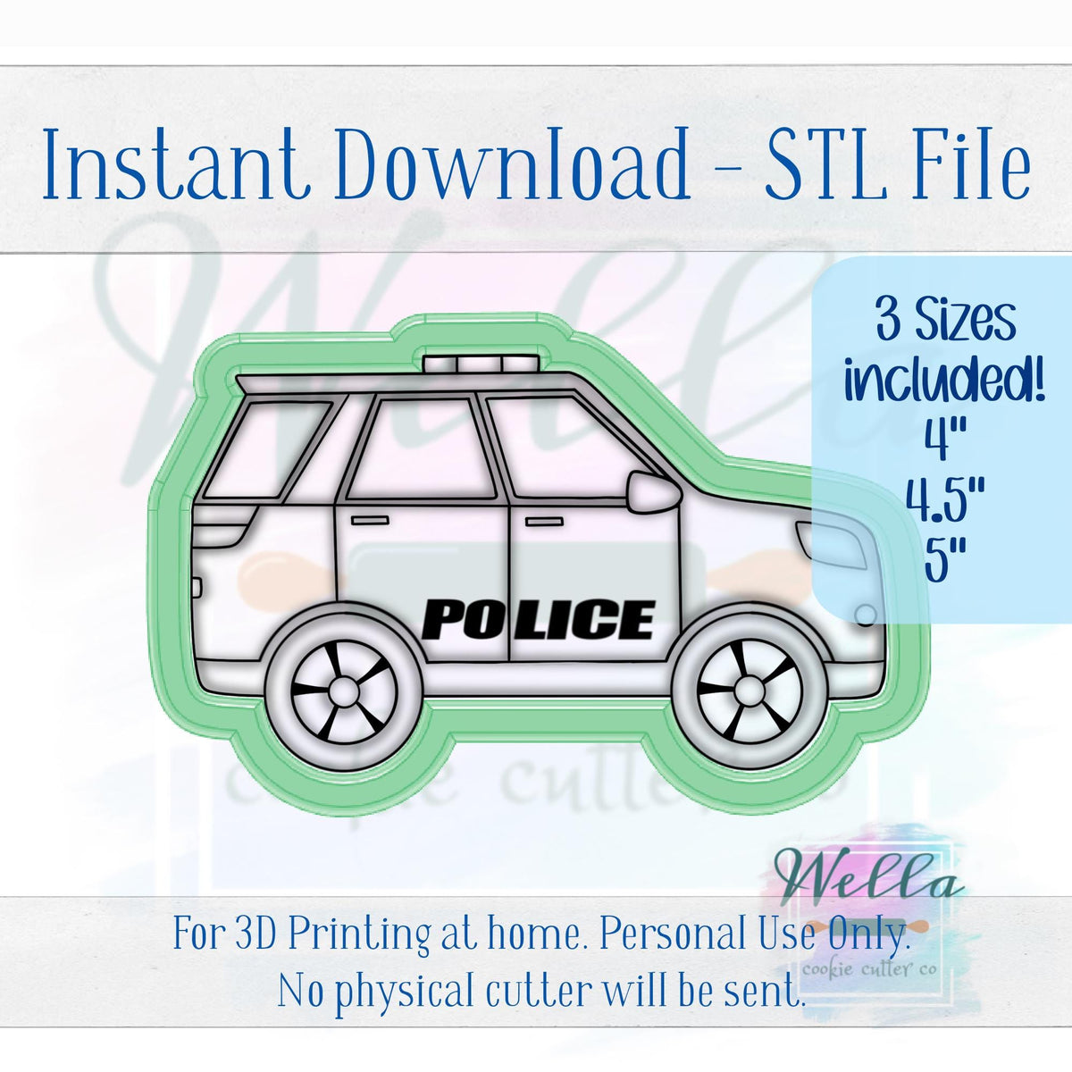 Digital STL File - Police SUV Cookie Cutter - 3 Sizes