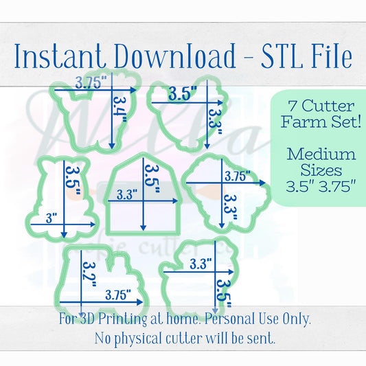 Digital STL File - Farm Set Cookie Cutters, Set of 7 - Medium Sizes 3.5"