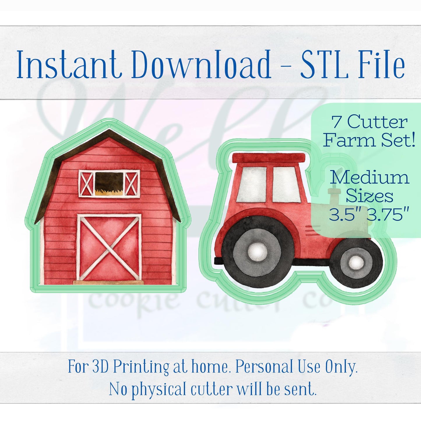 Digital STL File - Farm Set Cookie Cutters, Set of 7 - Medium Sizes 3.5"