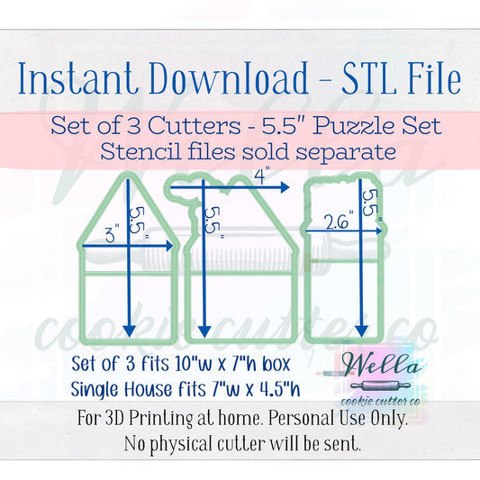 Digital STL File - Gingerbread Town Puzzle Set Cookie Cutters 5.5" - 3pc Set