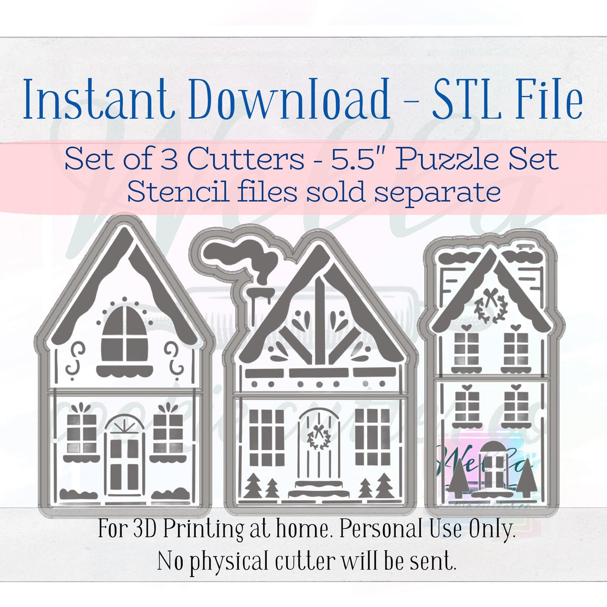 Digital STL File - Gingerbread Town Puzzle Set Cookie Cutters 5.5" - 3pc Set