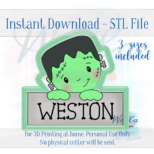 Digital STL File - Frankenstein Name Plaque Cookie Cutter - 2 Sizes: 3.5" & 4" - PNG File Included
