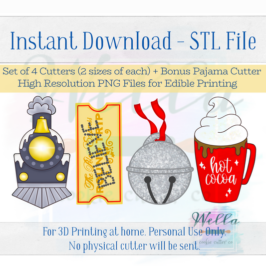 Digital STL File - Holiday Train Set of 4 Cutters + Bonus Cutter + High Resolution PNGs for Edible Printing