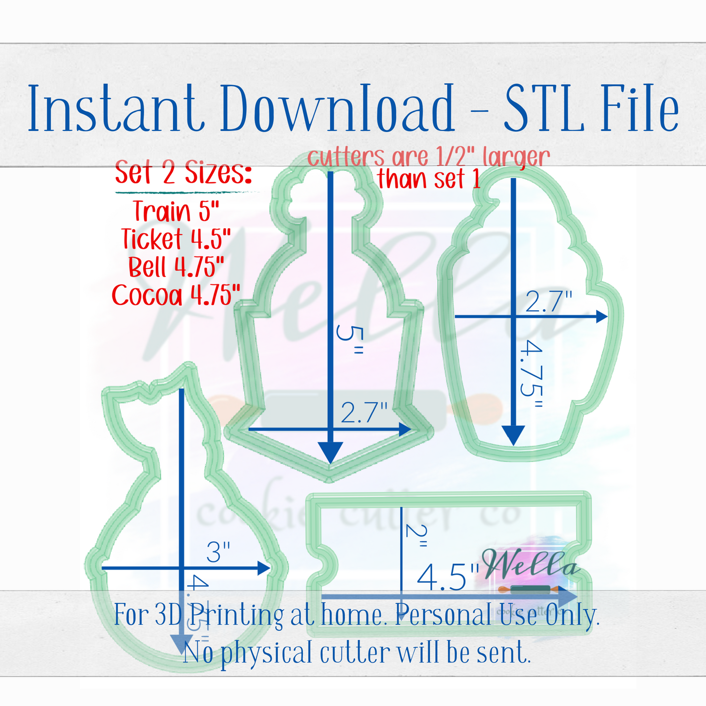 Digital STL File - Holiday Train Set of 4 Cutters + Bonus Cutter + High Resolution PNGs for Edible Printing
