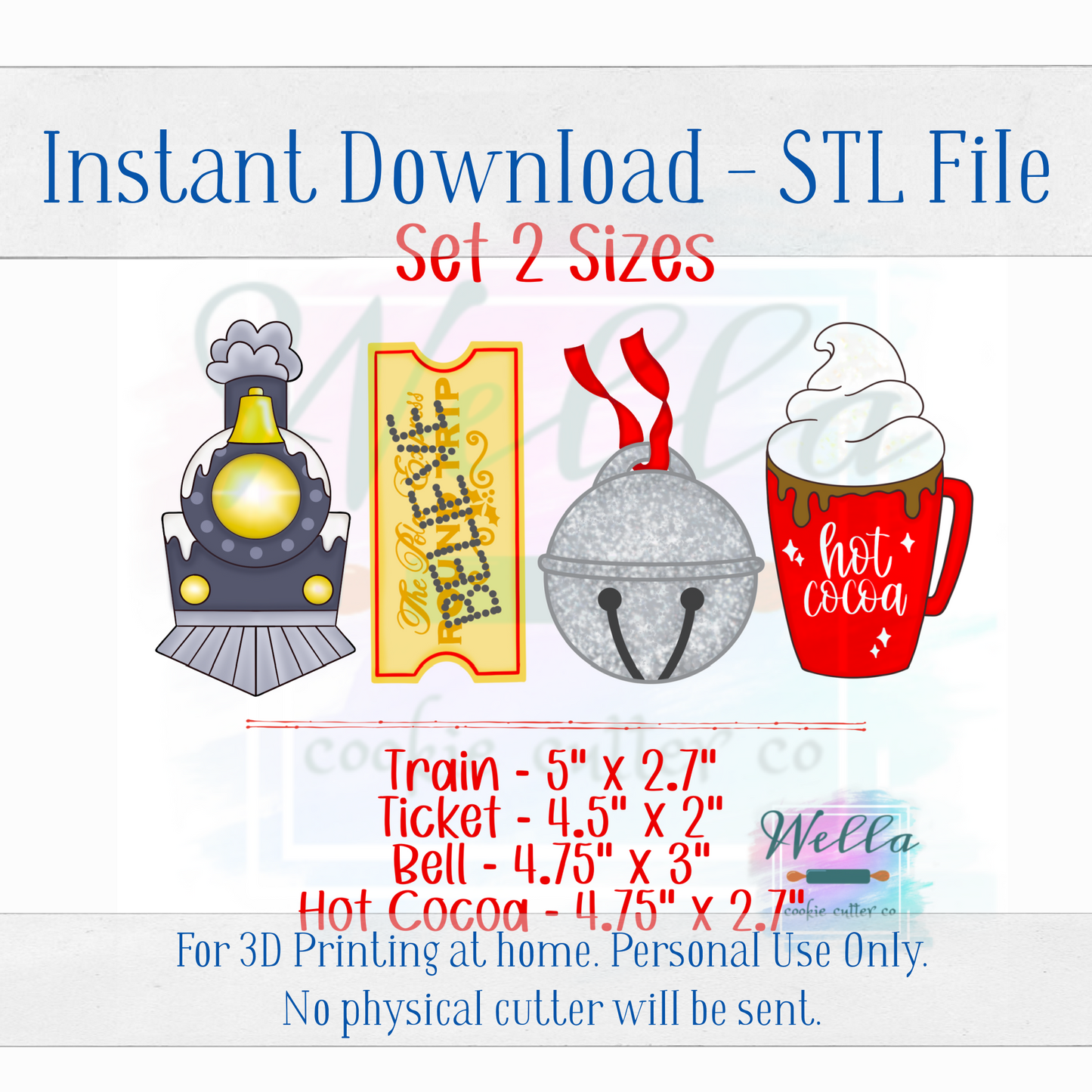Digital STL File - Holiday Train Set of 4 Cutters + Bonus Cutter + High Resolution PNGs for Edible Printing