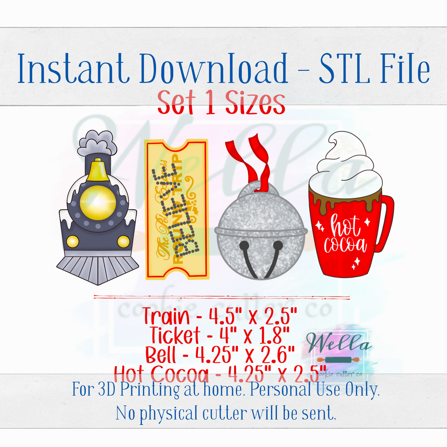 Digital STL File - Holiday Train Set of 4 Cutters + Bonus Cutter + High Resolution PNGs for Edible Printing
