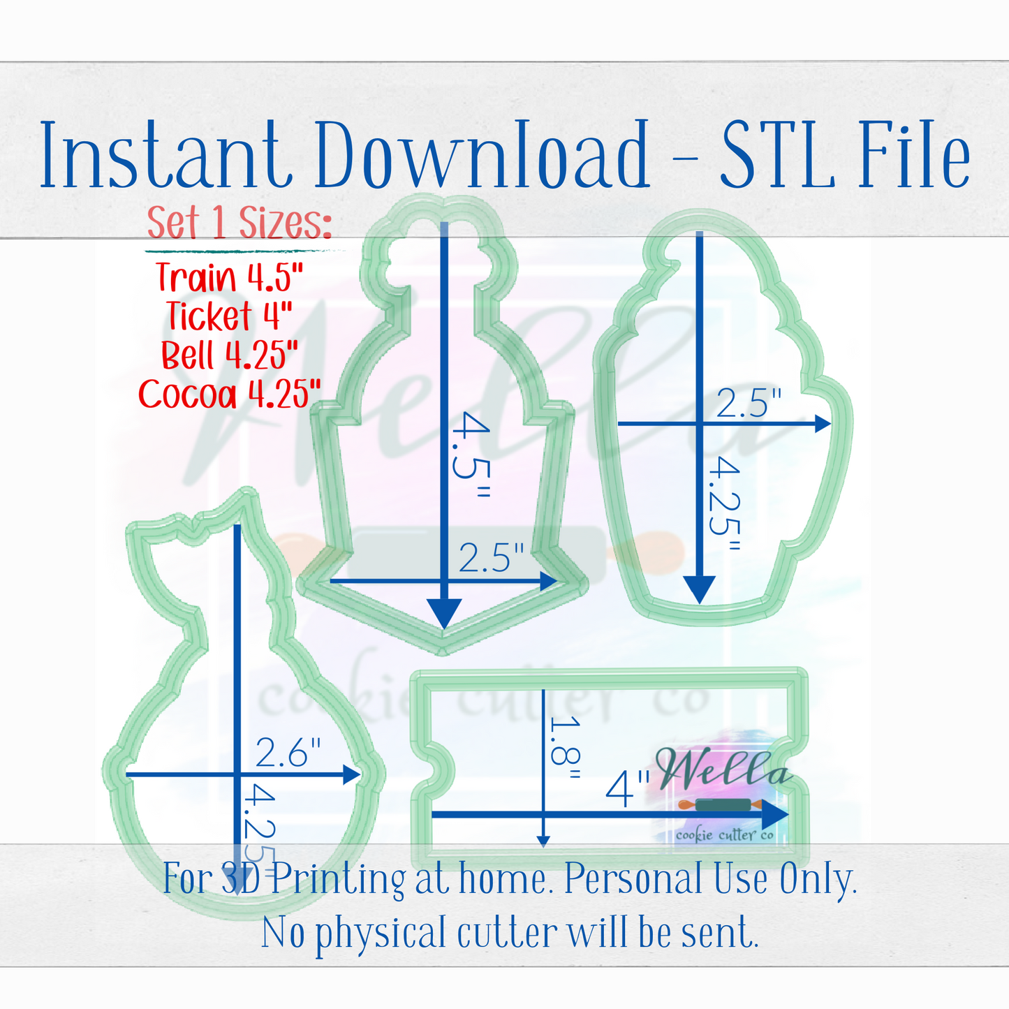 Digital STL File - Holiday Train Set of 4 Cutters + Bonus Cutter + High Resolution PNGs for Edible Printing