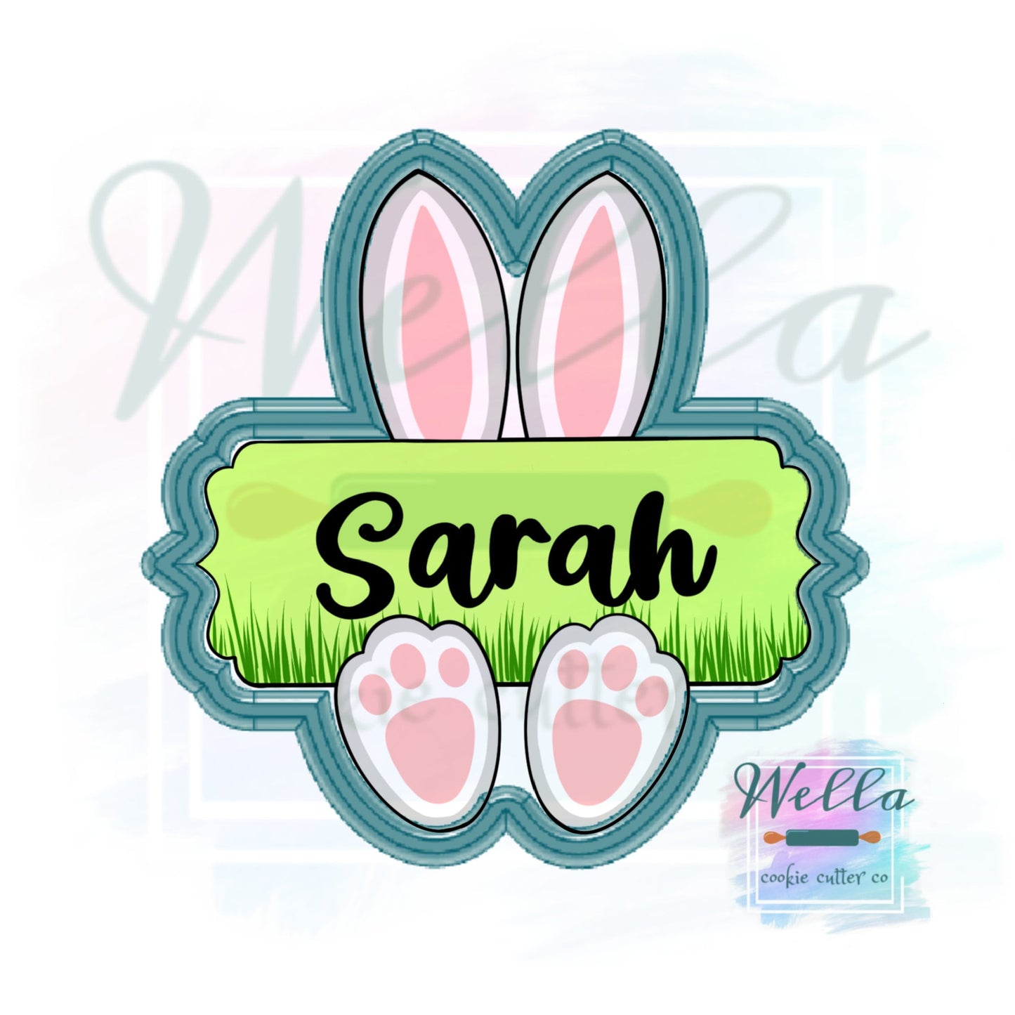 Bunny Ears and Feet Name Plaque Cookie Cutter with Optional Stencil
