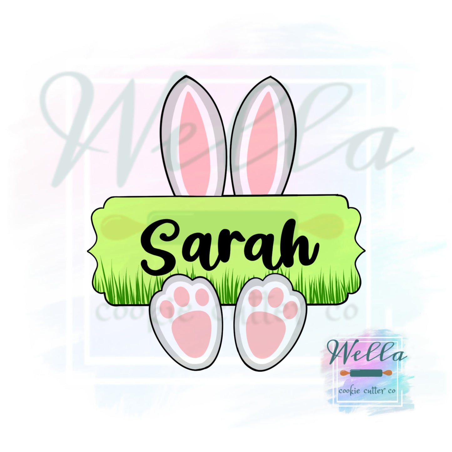 Bunny Ears and Feet Name Plaque Cookie Cutter with Optional Stencil