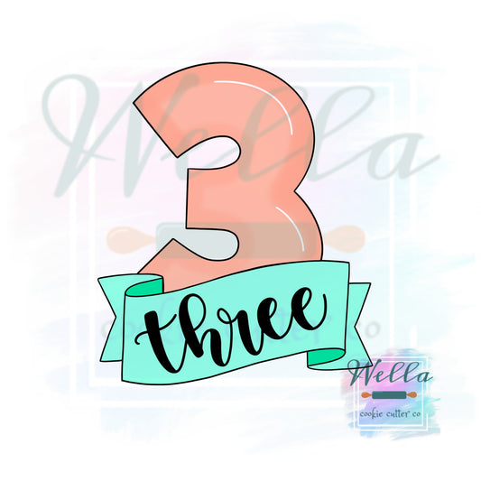 Number Three with Banner Cookie Cutter, Number 3 Cookie Cutter, Number 3 with Banner Cookie Cutter, #3 Cookie Cutter