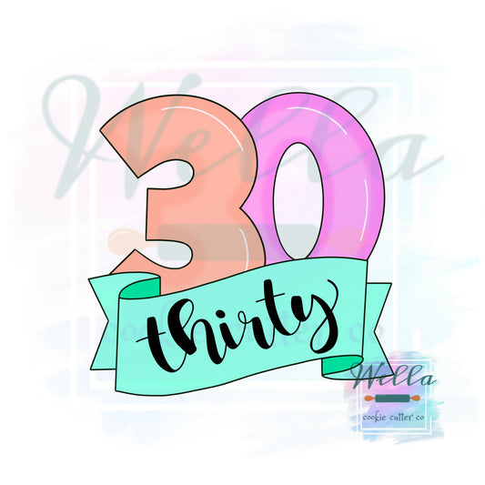 Number 30 with Banner Cookie Cutter, Number Thirty Cookie Cutter, Number 30 with Banner Cookie Cutter, #30 Cookie Cutter