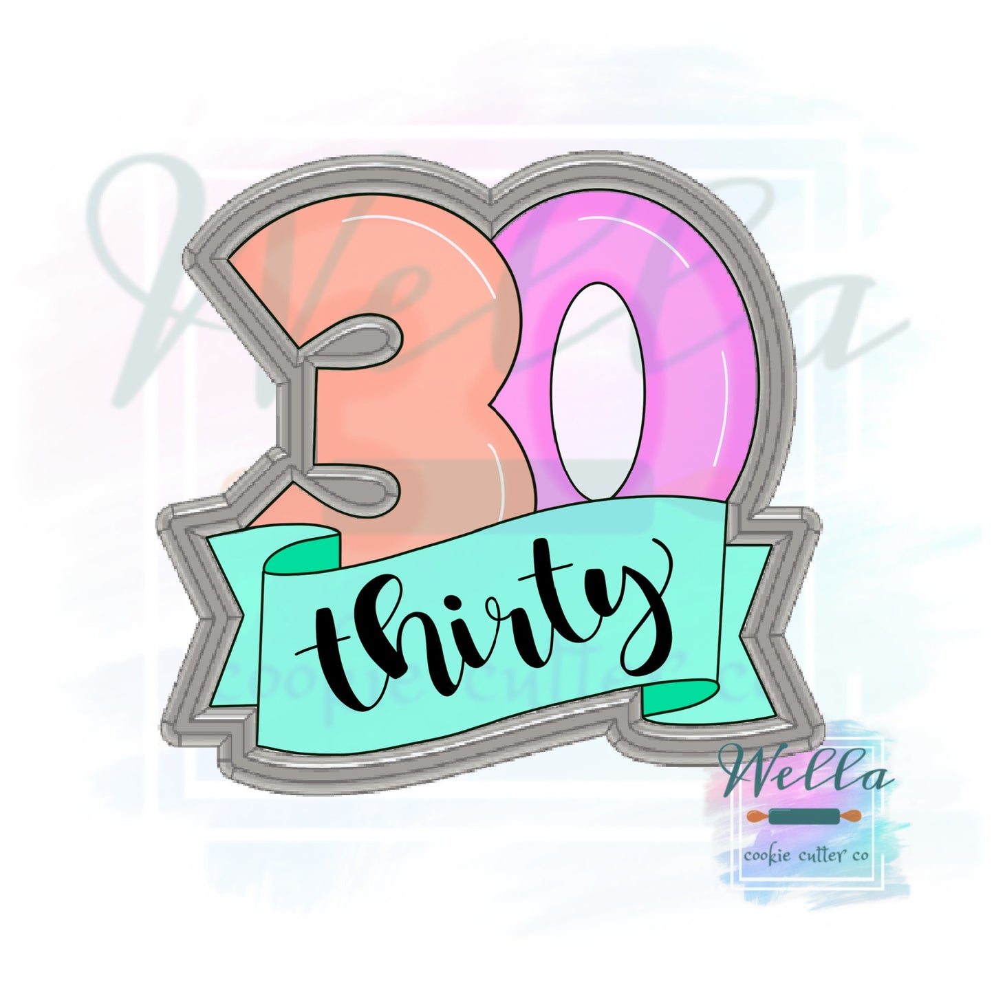 Number 30 with Banner Cookie Cutter, Number Thirty Cookie Cutter, Number 30 with Banner Cookie Cutter, #30 Cookie Cutter