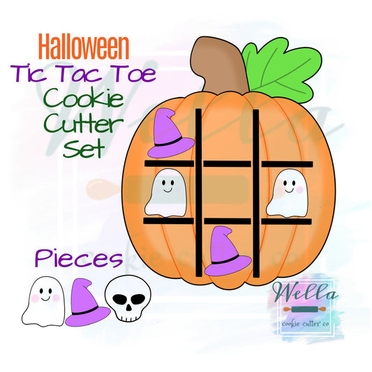 Pumpkin Tic Tac Toe Board Cookie Cutter with Optional Stencil, Pumpkin Tic Tac Toe Board with Ghost, Witch Hat and Skull Pieces