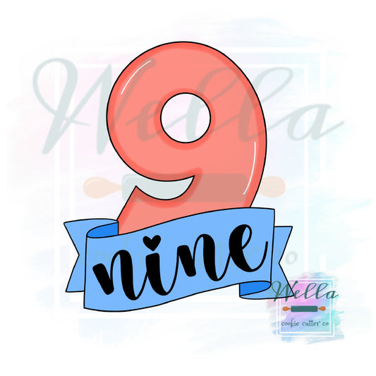 Number Nine with Banner Cookie Cutter, Number 9 Cookie Cutter, Number 9 with Banner Cookie Cutter, #9 Cookie Cutter