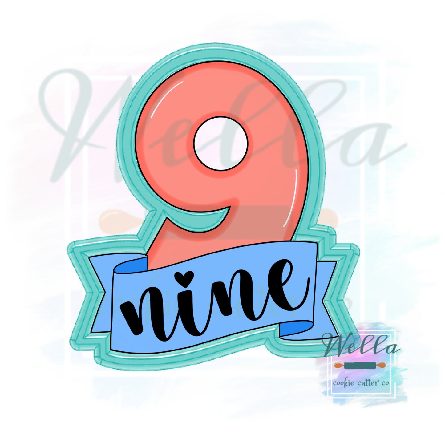Number Nine with Banner Cookie Cutter, Number 9 Cookie Cutter, Number 9 with Banner Cookie Cutter, #9 Cookie Cutter