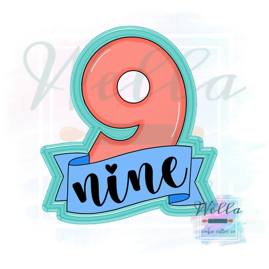 Number Nine with Banner Cookie Cutter, Number 9 Cookie Cutter, Number 9 with Banner Cookie Cutter, #9 Cookie Cutter