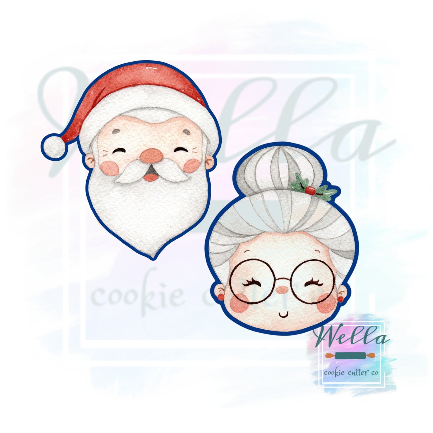 Santa and Mrs. Clause Set #2 Cookie Cutters with Optional Stencil Guides, Christmas Cookie Cutters