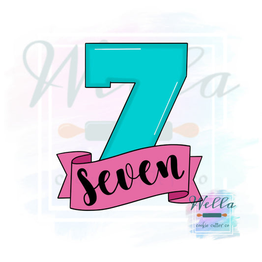 Number Seven with Banner Cookie Cutter, Number 7 Cookie Cutter, Number 7 with Banner Cookie Cutter, #7 Cookie Cutter