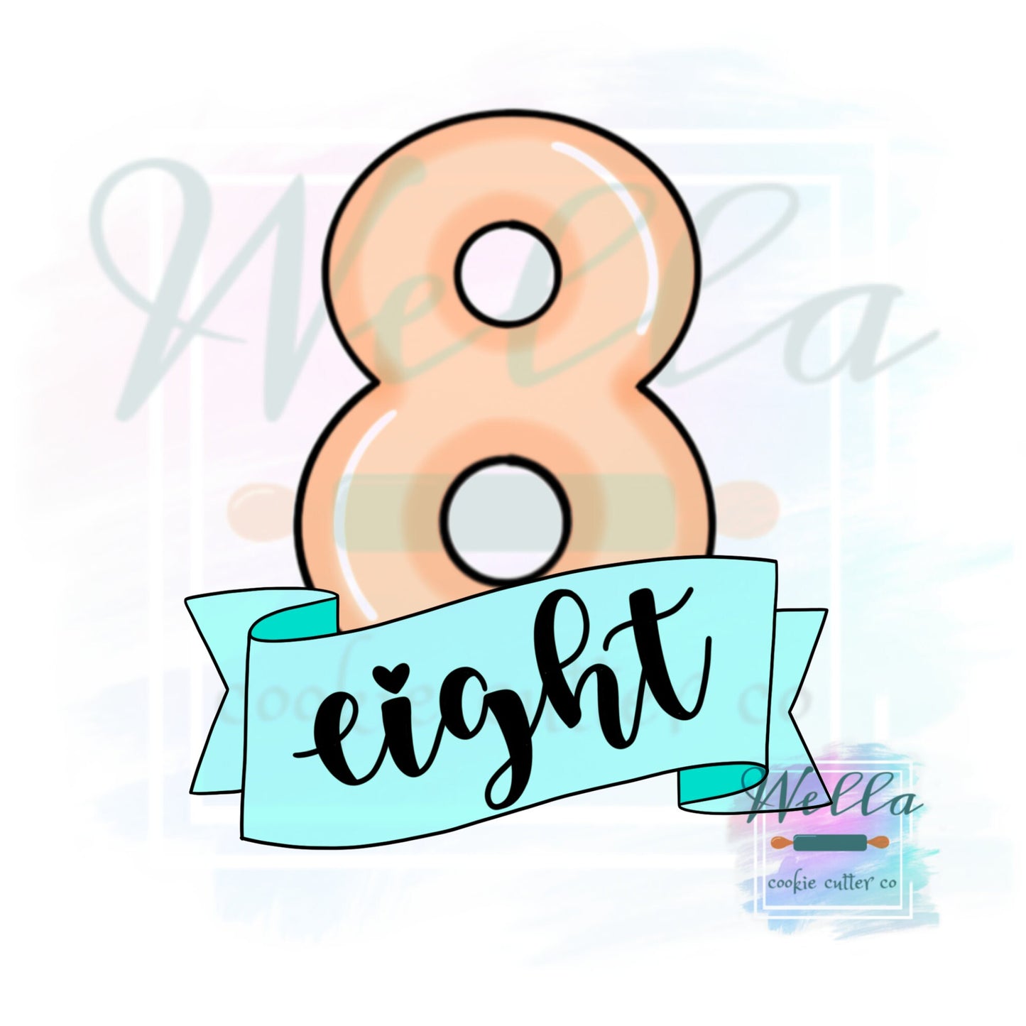 Number Eight with Banner Cookie Cutter, Number 8 Cookie Cutter, Number 8 with Banner Cookie Cutter, #8 Cookie Cutter