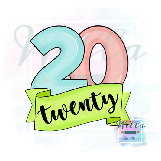 Number 20 with Banner Cookie Cutter, Number Twenty Cookie Cutter, Number 20 with Banner Cookie Cutter, #20 Cookie Cutter