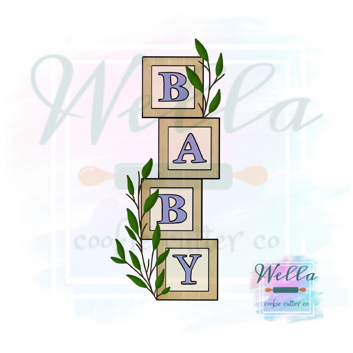 Baby Blocks with Greenery Cookie Cutter - Optional Stencil