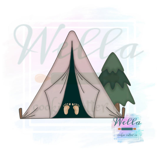 Tent with Tree Cookie Cutter with Optional Stencil, Camping Cookie Cutter