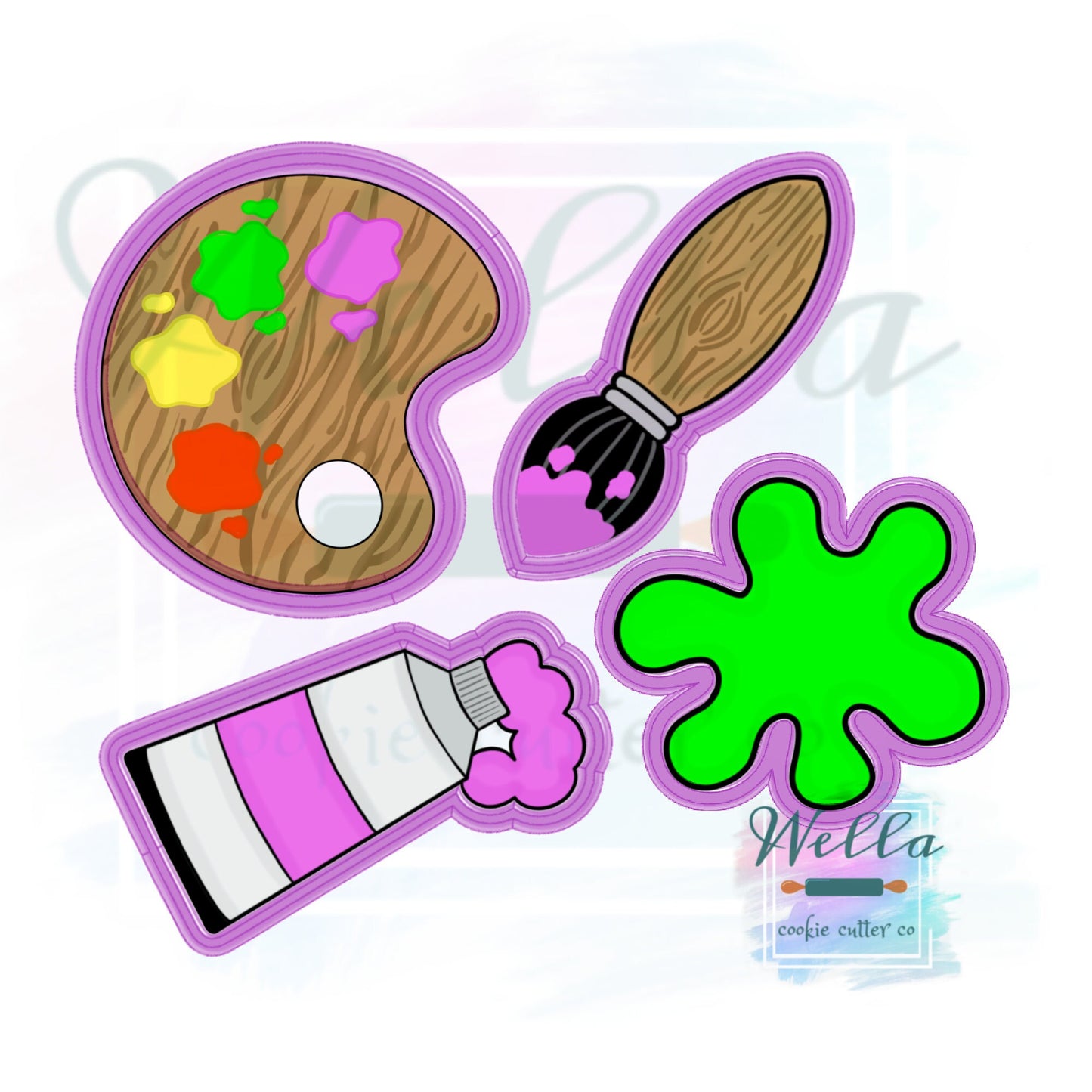 Paint Art Set Cookie Cutters - Set of 4 Cutters, Paint Palette Cookie Cutter, Paintbrush Cookie Cutter