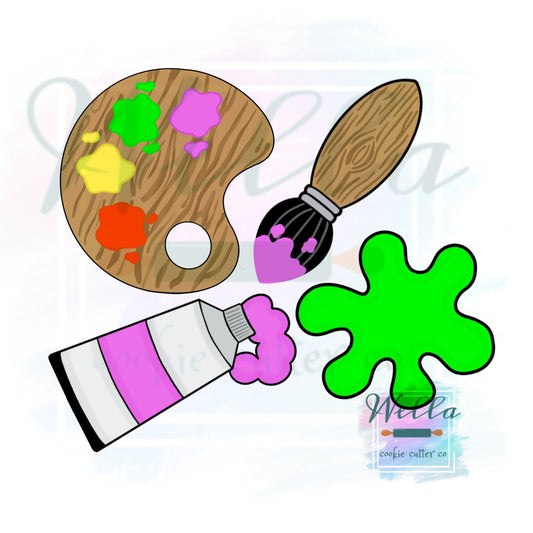 Paint Art Set Cookie Cutters - Set of 4 Cutters, Paint Palette Cookie Cutter, Paintbrush Cookie Cutter