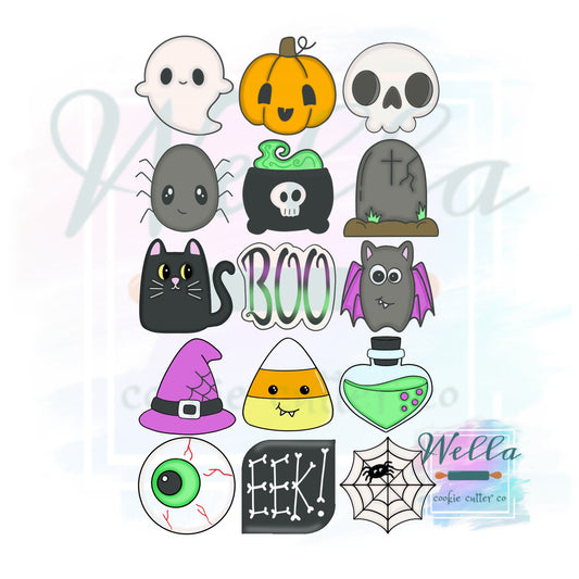 Halloween MINI Set Cookie Cutters - Set of 15 with Optional Stencils