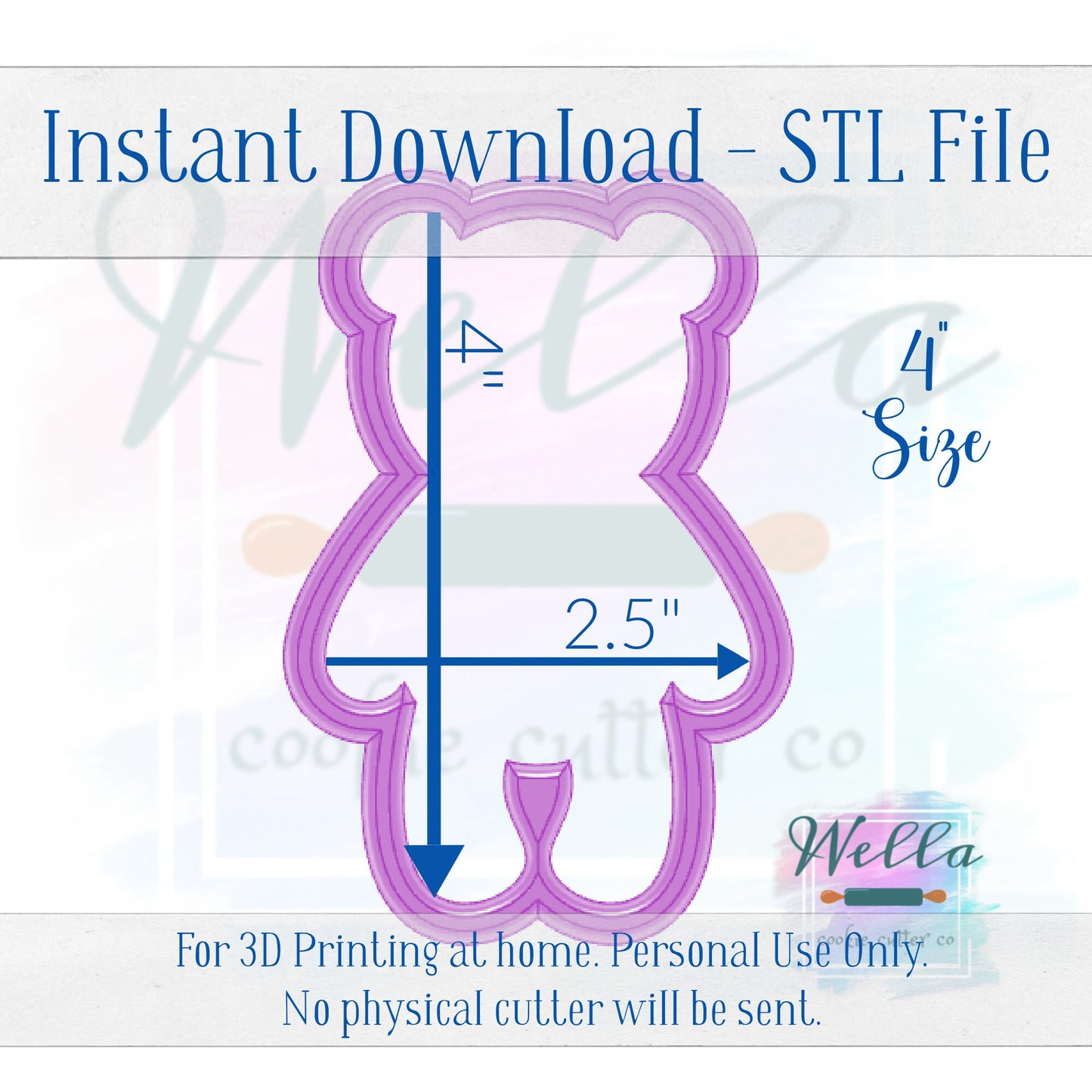 Digital STL File - Stuffed Bear Cookie Cutter - 6 Sizes: 2.5", 3", 3.5" 4", 4.5", 5"