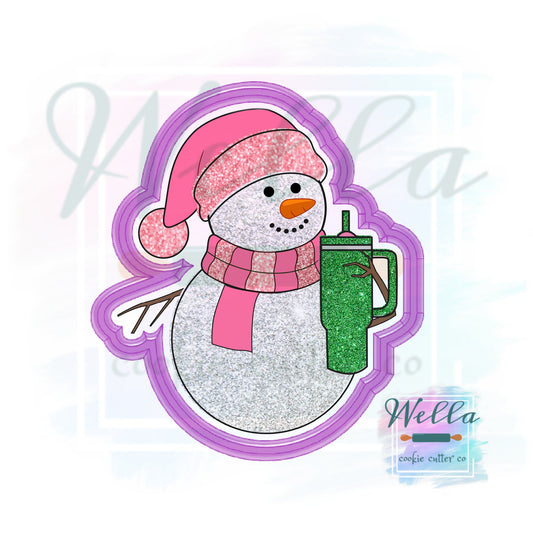Bougie Snowman Cookie Cutter with Optional Stencil, Snowman with Tumbler Cookie Cutter