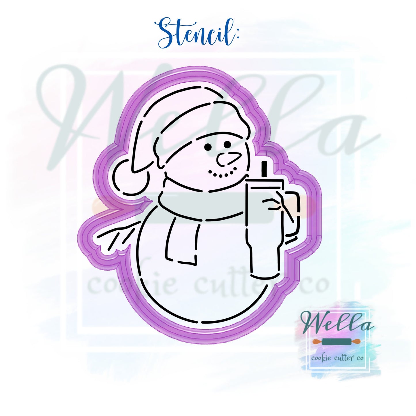 Bougie Snowman Cookie Cutter with Optional Stencil, Snowman with Tumbler Cookie Cutter