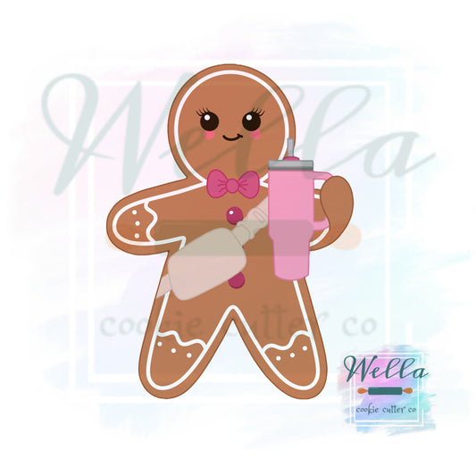 Bougie Gingerbread Man Cookie Cutter with Optional Stencil, Gingerbread Man with Tumbler Cookie Cutter