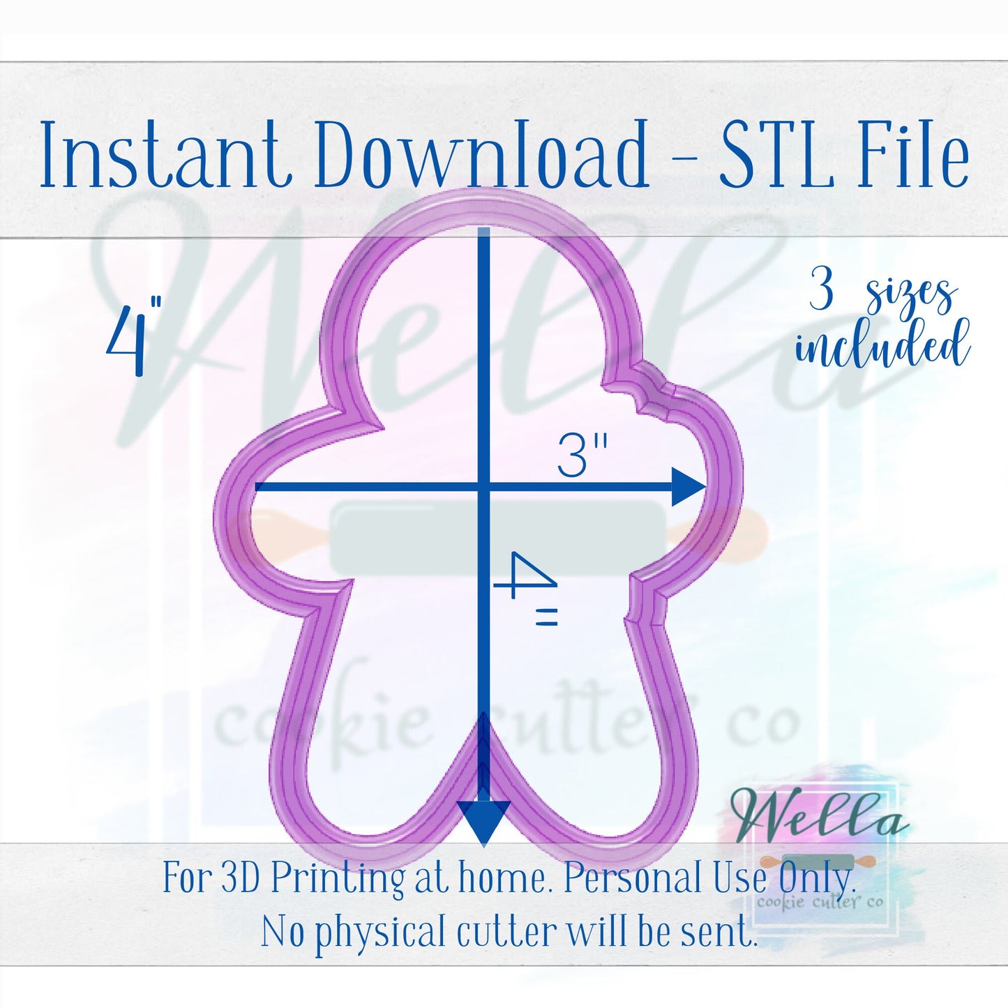 Digital STL File - Bougie Gingerbread Cookie Cutter - 3 Sizes Included 3.5", 4" & 4.5"
